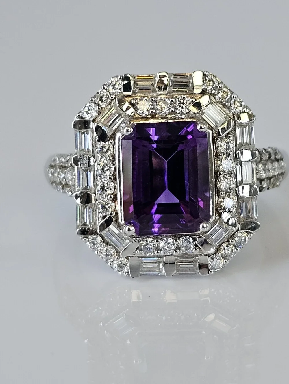 Genuine Amethyst & White Moissanite Ring Sterling Silver Platinum Overlay Sz 7!